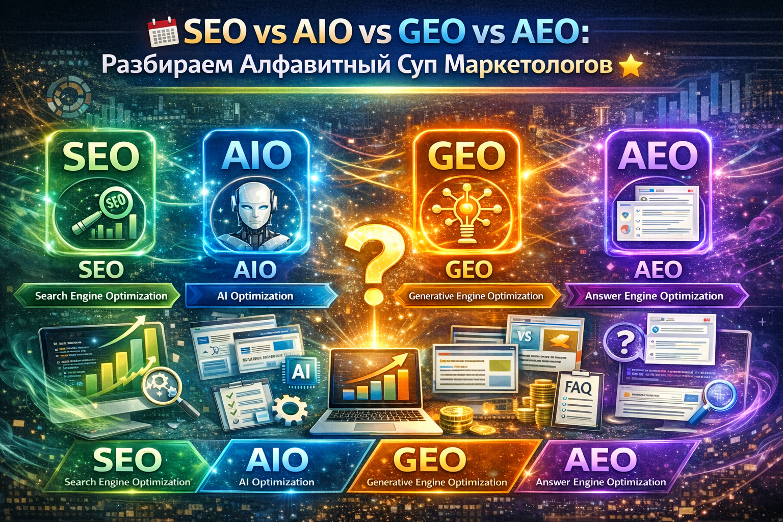 SEO vs AIO vs GEO vs AEO: Разбираем Алфавитный Суп Маркетологов